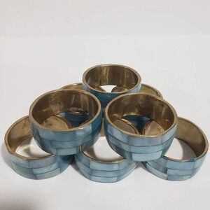 Vintage Brass and Blue Mother of Pearl  Set of 8 Napkin Holders